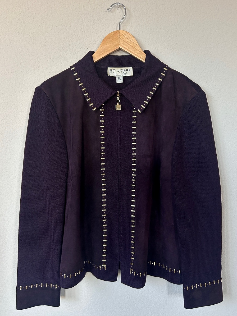 Vintage St. John Collection Marie Gray Santana Knit & Suede Jacket Eggplant, 12